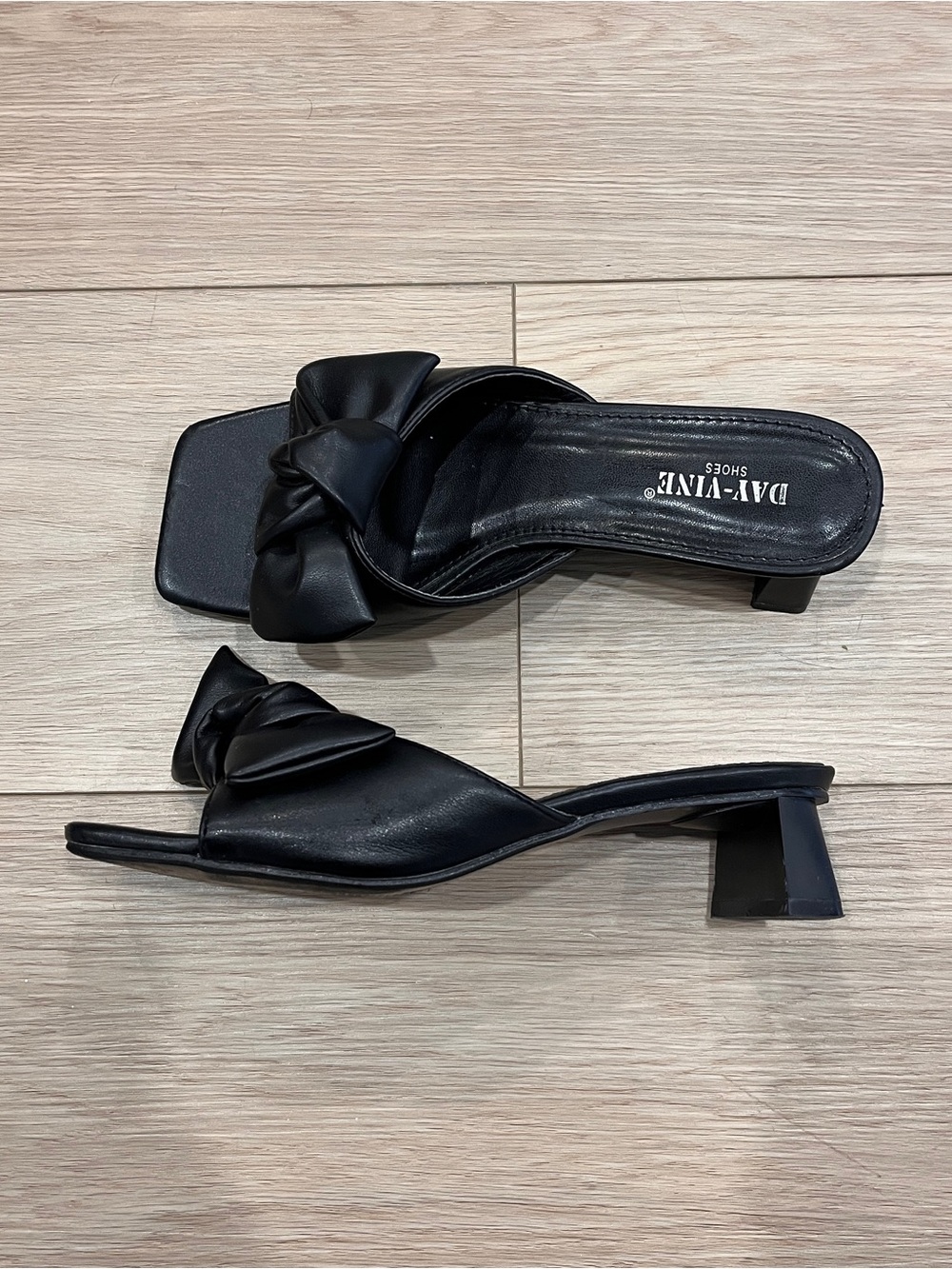 Day-Vine Black Bow Kitten Heel Mules Square Toe Y2K Sandals Size 36